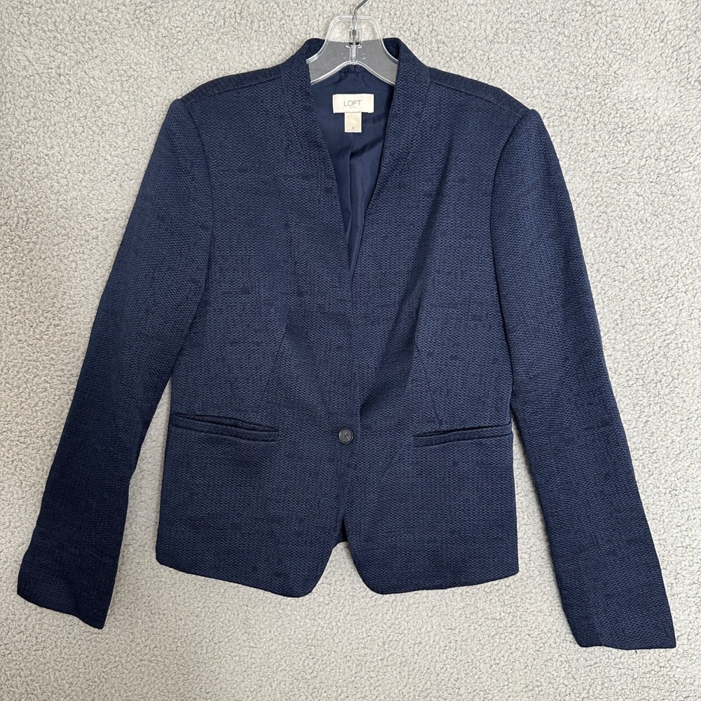 LOFT Textured Blazer Size 4 Navy Blue Career Office Preppy Academia Chic‎ Basic